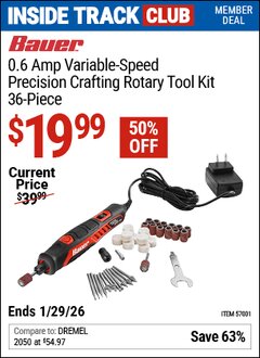 Harbor Freight ITC Coupon BAUER 0.6 AMP VARIABLE-SPEED PRECISION CRAFTING ROTARY TOOL KIT, 36-PIECE Lot No. 57001 Valid Thru: 1/29/26 - $19.99
