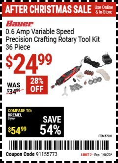 Harbor Freight Coupon BAUER 0.6 AMP VARIABLE SPEED PRECISION CRAFTING ROTARY TOOL KIT, 36-PIECE Lot No. 57001 Expired: 1/8/23 - $24.99