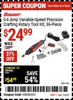Harbor Freight Coupon BAUER 0.6 AMP VARIABLE SPEED PRECISION CRAFTING ROTARY TOOL KIT, 36-PIECE Lot No. 57001 Expired: 7/4/23 - $24.99