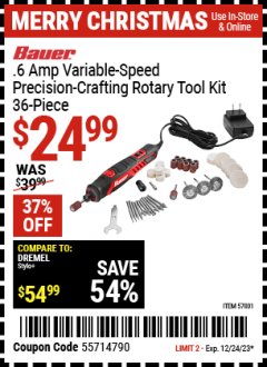 Harbor Freight Coupon BAUER 0.6 AMP VARIABLE SPEED PRECISION CRAFTING ROTARY TOOL KIT, 36-PIECE Lot No. 57001 Expired: 12/24/23 - $24.99