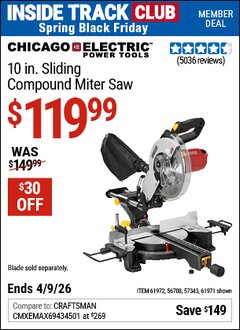 Harbor Freight ITC Coupon CHICAGO ELECTRIC POWER TOOLS 10 IN. SLIDING COMPOUND MITER SAW Lot No. 61971/61972/56708/57343 Expired: 4/9/26 - $119.99