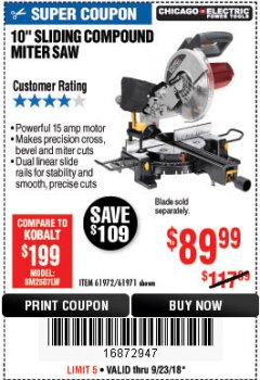 Harbor Freight Coupon CHICAGO ELECTRIC 10" SLIDING COMPOUND MITER SAW Lot No. 56708/61972/61971 Expired: 9/23/18 - $89.99