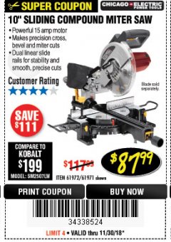 Harbor Freight Coupon CHICAGO ELECTRIC 10" SLIDING COMPOUND MITER SAW Lot No. 56708/61972/61971 Expired: 11/30/18 - $87.99