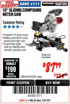 Harbor Freight Coupon CHICAGO ELECTRIC 10" SLIDING COMPOUND MITER SAW Lot No. 56708/61972/61971 Expired: 1/31/19 - $87.99
