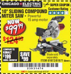 Harbor Freight Coupon CHICAGO ELECTRIC 10" SLIDING COMPOUND MITER SAW Lot No. 56708/61972/61971 Expired: 6/12/19 - $99.99