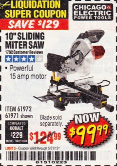 Harbor Freight Coupon CHICAGO ELECTRIC 10" SLIDING COMPOUND MITER SAW Lot No. 56708/61972/61971 Expired: 5/31/19 - $99.99