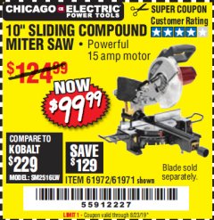 Harbor Freight Coupon CHICAGO ELECTRIC 10" SLIDING COMPOUND MITER SAW Lot No. 56708/61972/61971 Expired: 8/23/19 - $99.99