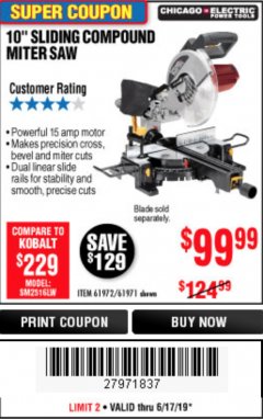 Harbor Freight Coupon CHICAGO ELECTRIC 10" SLIDING COMPOUND MITER SAW Lot No. 56708/61972/61971 Expired: 6/17/19 - $99.99