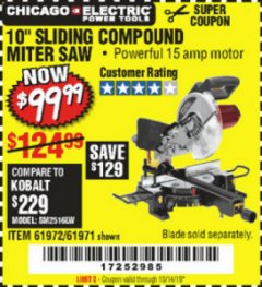 Harbor Freight Coupon CHICAGO ELECTRIC 10" SLIDING COMPOUND MITER SAW Lot No. 56708/61972/61971 Expired: 10/14/19 - $99.99