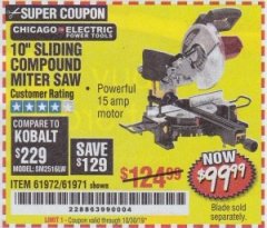 Harbor Freight Coupon CHICAGO ELECTRIC 10" SLIDING COMPOUND MITER SAW Lot No. 56708/61972/61971 Expired: 10/30/19 - $99.99