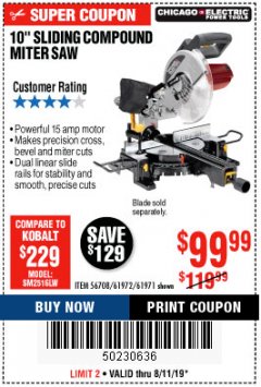 Harbor Freight Coupon CHICAGO ELECTRIC 10" SLIDING COMPOUND MITER SAW Lot No. 56708/61972/61971 Expired: 8/11/19 - $99.99