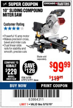 Harbor Freight Coupon CHICAGO ELECTRIC 10" SLIDING COMPOUND MITER SAW Lot No. 56708/61972/61971 Expired: 9/15/19 - $99.99