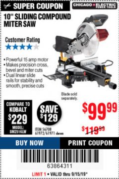Harbor Freight Coupon CHICAGO ELECTRIC 10" SLIDING COMPOUND MITER SAW Lot No. 56708/61972/61971 Expired: 9/15/19 - $99.99