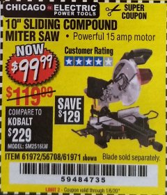 Harbor Freight Coupon CHICAGO ELECTRIC 10" SLIDING COMPOUND MITER SAW Lot No. 56708/61972/61971 Expired: 1/6/20 - $99.99