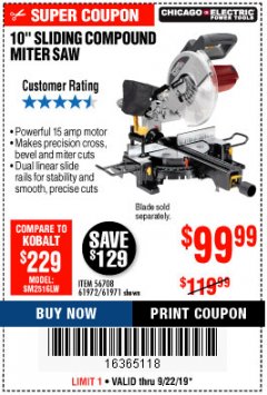 Harbor Freight Coupon CHICAGO ELECTRIC 10" SLIDING COMPOUND MITER SAW Lot No. 56708/61972/61971 Expired: 9/22/19 - $99.99