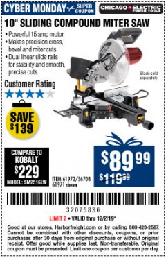 Harbor Freight Coupon CHICAGO ELECTRIC 10" SLIDING COMPOUND MITER SAW Lot No. 56708/61972/61971 Expired: 12/1/19 - $89.99