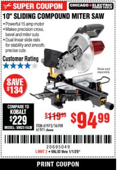 Harbor Freight Coupon CHICAGO ELECTRIC 10" SLIDING COMPOUND MITER SAW Lot No. 56708/61972/61971 Expired: 1/1/20 - $94.99