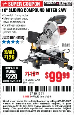 Harbor Freight Coupon CHICAGO ELECTRIC 10" SLIDING COMPOUND MITER SAW Lot No. 56708/61972/61971 Expired: 1/5/20 - $99.99