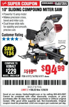 Harbor Freight Coupon CHICAGO ELECTRIC 10" SLIDING COMPOUND MITER SAW Lot No. 56708/61972/61971 Expired: 1/20/20 - $94.99