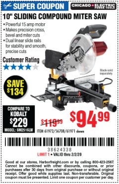 Harbor Freight Coupon CHICAGO ELECTRIC 10" SLIDING COMPOUND MITER SAW Lot No. 56708/61972/61971 Expired: 2/2/20 - $94.99
