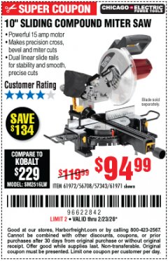 Harbor Freight Coupon CHICAGO ELECTRIC 10" SLIDING COMPOUND MITER SAW Lot No. 56708/61972/61971 Expired: 2/23/20 - $94.99