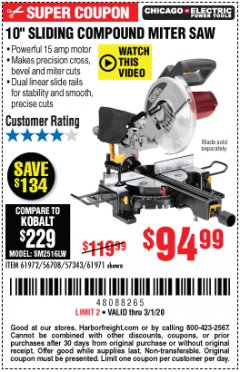 Harbor Freight Coupon CHICAGO ELECTRIC 10" SLIDING COMPOUND MITER SAW Lot No. 56708/61972/61971 Expired: 3/1/20 - $94.99