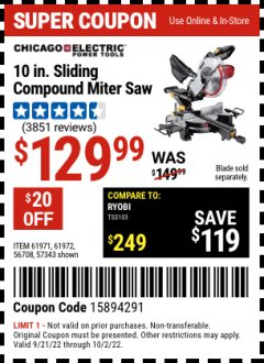 Harbor Freight Coupon CHICAGO ELECTRIC 10" SLIDING COMPOUND MITER SAW Lot No. 56708/61972/61971 Expired: 10/9/22 - $129.99