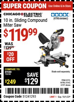 Harbor Freight Coupon CHICAGO ELECTRIC 10" SLIDING COMPOUND MITER SAW Lot No. 56708/61972/61971 Valid Thru: 10/1/23 - $119.99