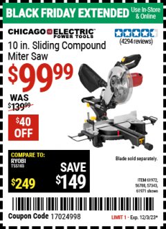 Harbor Freight Coupon CHICAGO ELECTRIC 10" SLIDING COMPOUND MITER SAW Lot No. 56708/61972/61971 Expired: 12/3/23 - $99.99