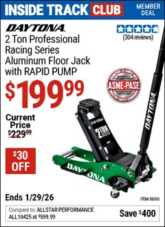 Harbor Freight ITC Coupon DAYTONA 2 TON PROFESSIONAL RACING SERIES ALUMINUM FLOOR JACK WITH RAPID PUMP Lot No. 58393 Valid Thru: 1/29/26 - $199.99