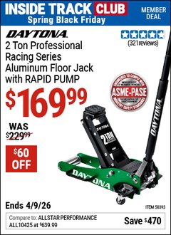 Harbor Freight ITC Coupon DAYTONA 2 TON PROFESSIONAL RACING SERIES ALUMINUM FLOOR JACK WITH RAPID PUMP Lot No. 58393 Expired: 4/9/26 - $169.99