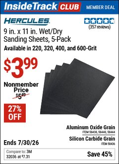 Harbor Freight ITC Coupon HERCULES 9 IN. X 11 IN. WET/DRY SANDING SHEETS WITH ALUMINUM OXIDE GRAIN, 5-PACK Lot No. 58444/58436/58438/58440 Valid Thru: 7/30/26 - $3.99