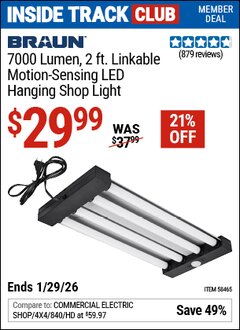Harbor Freight ITC Coupon BRAUN 7000 LUMEN, 2 FT. LINKABLE MOTION SENSING LED HANGING SHOP LIGHT Lot No. 58465 Valid Thru: 1/29/26 - $29.99