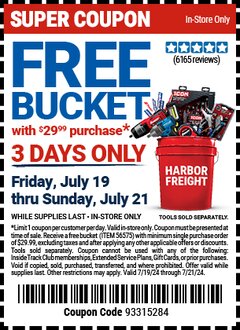 Harbor Freight FREE Coupon BUCKET Lot No. 56575 Expired: 7/21/24 - FWP