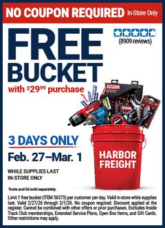 Harbor Freight FREE Coupon BUCKET Lot No. 56575 Expired: 3/1/26 - FWP