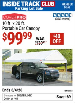Harbor Freight ITC Coupon COVERPRO 10 FT. X 20 FT. PORTABLE CAR CANOPY Lot No. 63054 Expired: 6/4/26 - $99.99