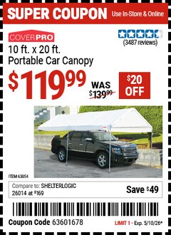 Harbor Freight Coupon COVERPRO 10 FT. X 20 FT. PORTABLE CAR CANOPY Lot No. 63054 Expired: 5/10/26 - $119.99