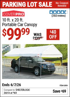 Harbor Freight Coupon COVERPRO 10 FT. X 20 FT. PORTABLE CAR CANOPY Lot No. 63054 EXPIRES: 6/7/26 - $99.99