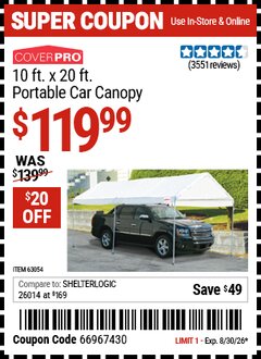 Harbor Freight Coupon COVERPRO 10 FT. X 20 FT. PORTABLE CAR CANOPY Lot No. 63054 Valid Thru: 8/30/26 - $119.99