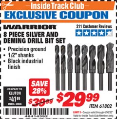 Harbor Freight ITC Coupon 8 PIECE M2 HIGH SPEED STEEL SILVER AND DEMING DRILL BIT SET Lot No. 527/61802 Expired: 4/30/20 - $29.99