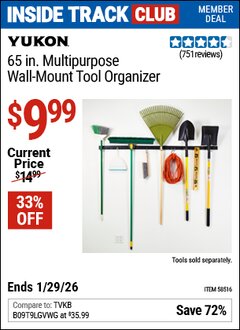 Harbor Freight ITC Coupon YUKON 65 IN. MULTIPURPOSE WALL-MOUNT TOOL ORGANIZER Lot No. 58516 Valid Thru: 1/29/26 - $9.99