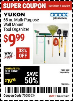 Harbor Freight Coupon YUKON 65 IN. MULTIPURPOSE WALL-MOUNT TOOL ORGANIZER Lot No. 58516 Expired: 2/19/23 - $9.99