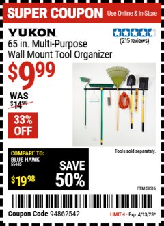 Harbor Freight Coupon YUKON 65 IN. MULTIPURPOSE WALL-MOUNT TOOL ORGANIZER Lot No. 58516 Expired: 4/13/23 - $9.99