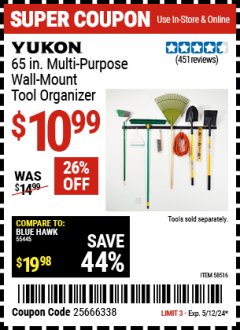 Harbor Freight Coupon YUKON 65 IN. MULTIPURPOSE WALL-MOUNT TOOL ORGANIZER Lot No. 58516 Expired: 5/12/24 - $10.99