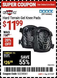 Harbor Freight Coupon RANGER HARD TERRAIN GEL KNEE PADS Lot No. 57915 Expired: 9/17/23 - $11.99