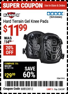 Harbor Freight Coupon RANGER HARD TERRAIN GEL KNEE PADS Lot No. 57915 Expired: 2/4/24 - $11.99