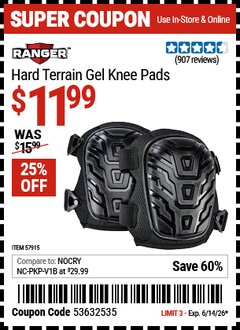 Harbor Freight Coupon RANGER HARD TERRAIN GEL KNEE PADS Lot No. 57915 Expired: 6/14/26 - $11.99