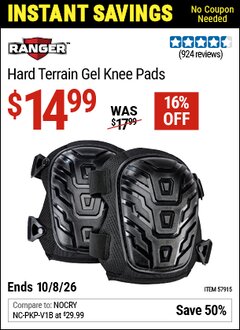 Harbor Freight Coupon RANGER HARD TERRAIN GEL KNEE PADS Lot No. 57915 Valid Thru: 10/8/26 - $14.99