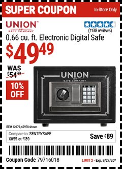 Harbor Freight Coupon UNION SAFE COMPANY 0.66 CU. FT. ELECTRONIC DIGITAL SAFE Lot No. 62978/45891/61724/62679 Valid Thru: 9/27/26 - $49.49
