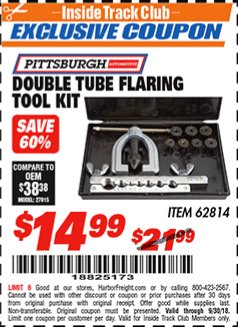 Harbor Freight ITC Coupon DOUBLE TUBE FLARING TOOL KIT Lot No. 66534 Expired: 9/30/18 - $14.99